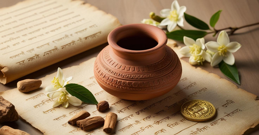 Ancient Indian perfumery heritage: terracotta distillation vessel, sandalwood, jasmine, and antique elements symbolizing the history of Best Indian Attar.
