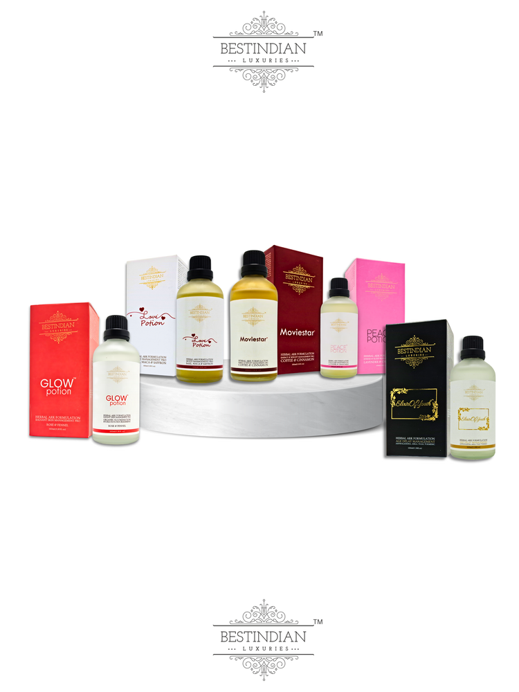 Collection of BestIndian™ Potions — Ayurvedic herbal tea infusions crafted from pure hydrosols. 100% natural, preservative-free drinks for balance, calm & vitality. GlowPotion™, Moviestar™ potion, LovePotion™, Elixir of Youth™ Potion, PeacePotion™.