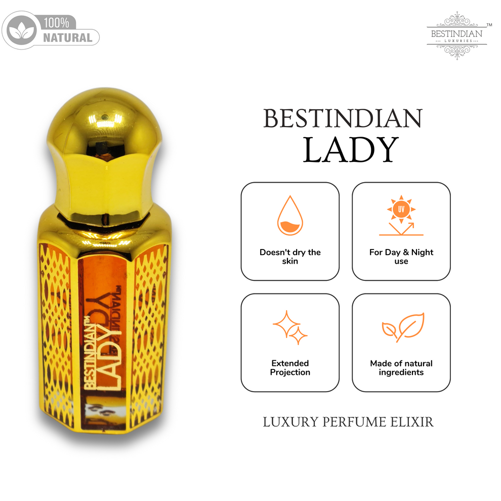 Lady luxury perfume oil: golden roll-on bottle revealing the dark brown attar within. Benefits listed alongside include- doesn't dry the skin, for day and night use, extended projection and made of 100% natural ingredients.