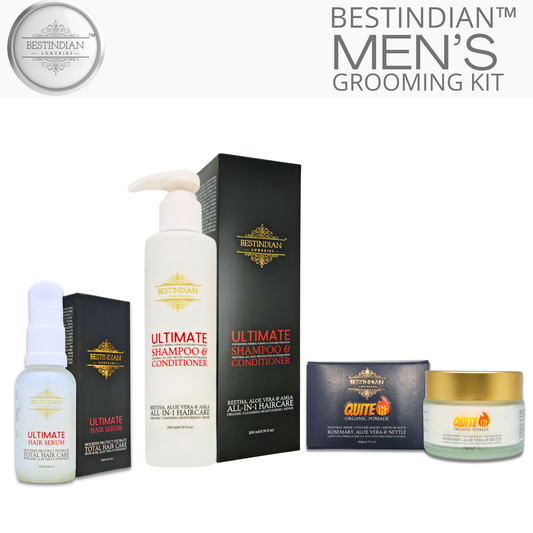 Men's hair products grooming kit with Ultimate Shampoo, Ultimate hair serum and QuiteLit pomade by BestIndian.