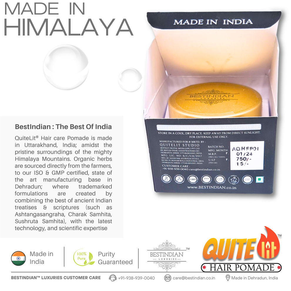 Jar of QuiteLit® Pomade inside open box packaging, highlighting manufacturing in Dehradun using Himalayan herbs and traditional Indian formulations.