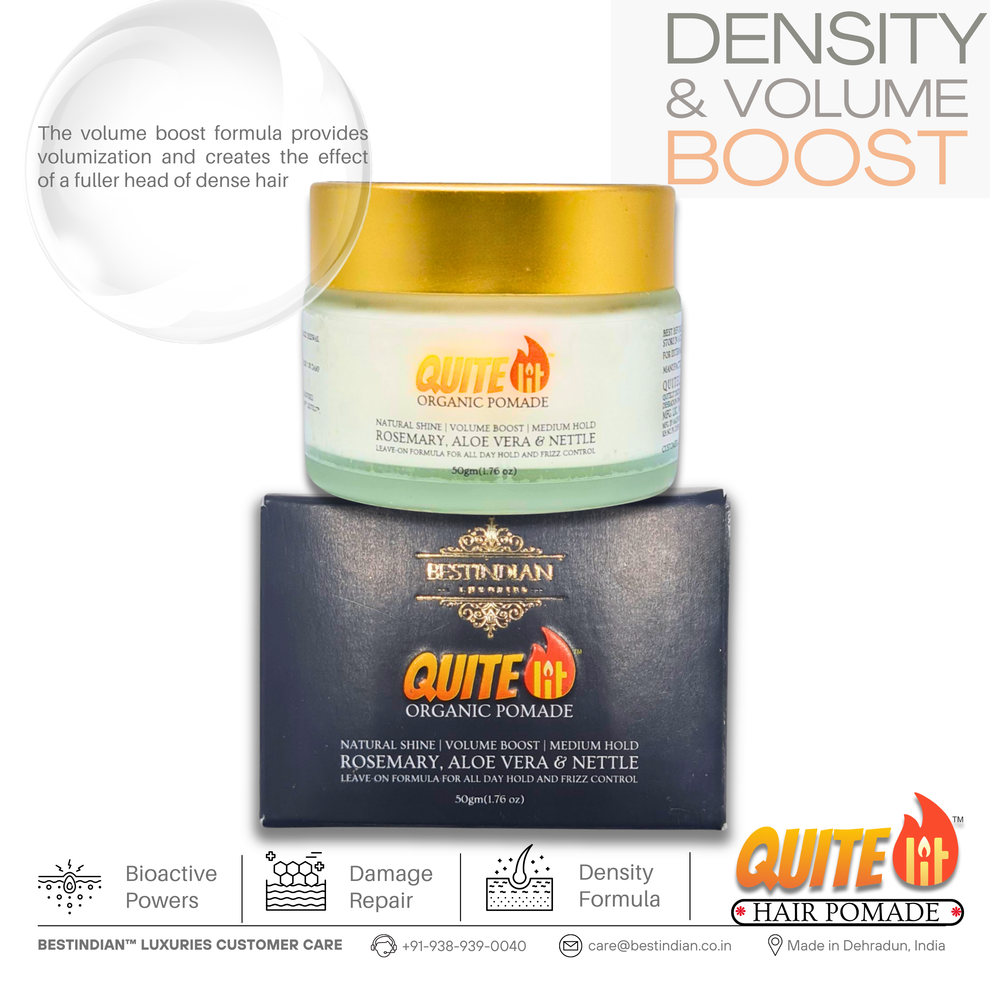 Jar of pomade for men placed on branded box with callout about the pomade's volume-boosting effects, ideal for giving fuller appearance to hair.