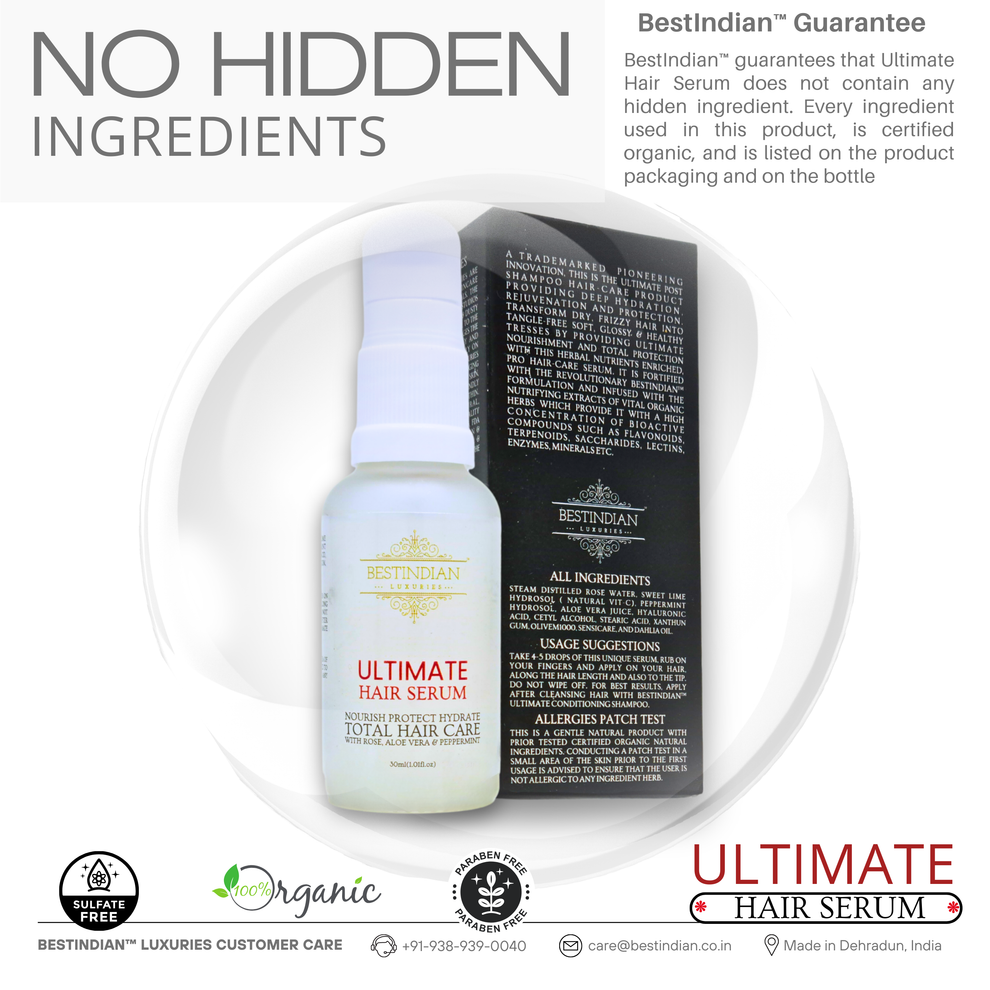 Infographic for the guarantee from Best Indian about Ultimate hair Serum not having any hidden ingredients.