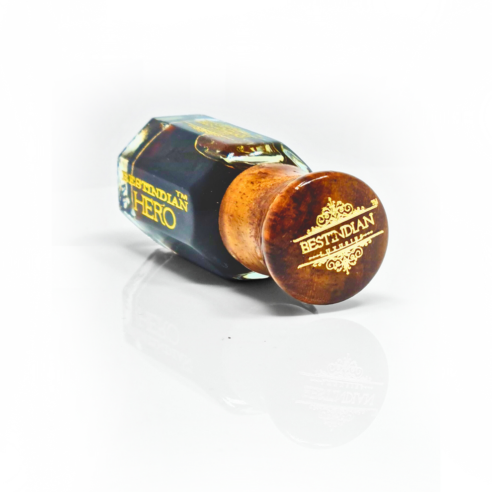 Luxury roll-on bottle of the best sedutive perfume for men- Hero by BestIndian™ perfume oil with the logo of Best Indian Perfumes on its wooden cap.