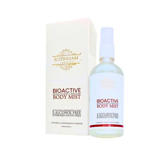 Best Indian Body Mist BestIndian™ Conscious Archive Sale Item. A product image featuring the bottle and packaging of BestIndian™ BioActive Body Mist, highlighting its natural, alcohol-free, and preservative-free formula with citronella, lemongrass, and camphor, designed as a premium mosquito and insect repellent body mist.