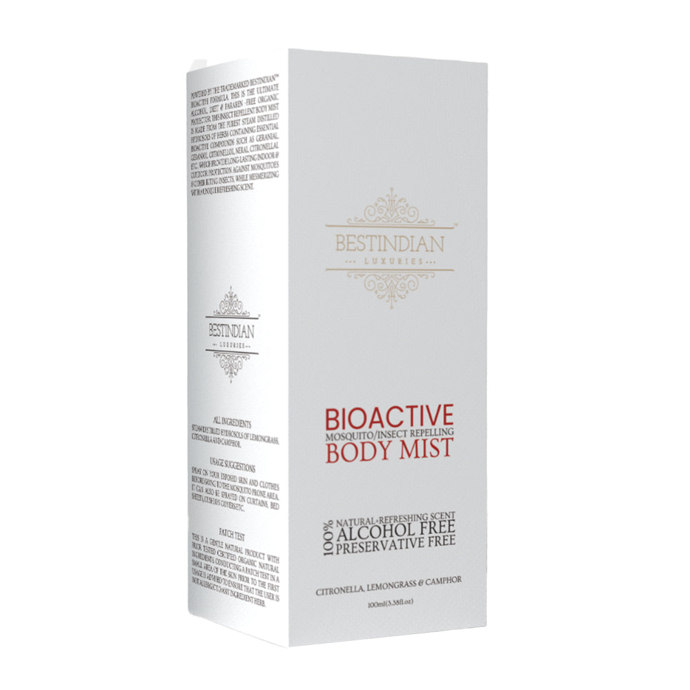 BestIndian Luxuries introduce BioActive Body Mist with mosquito and other insect repelling powers. Long lasting mesmerizing fragrance of a tropical herbal garden after a fresh spell of rainfall