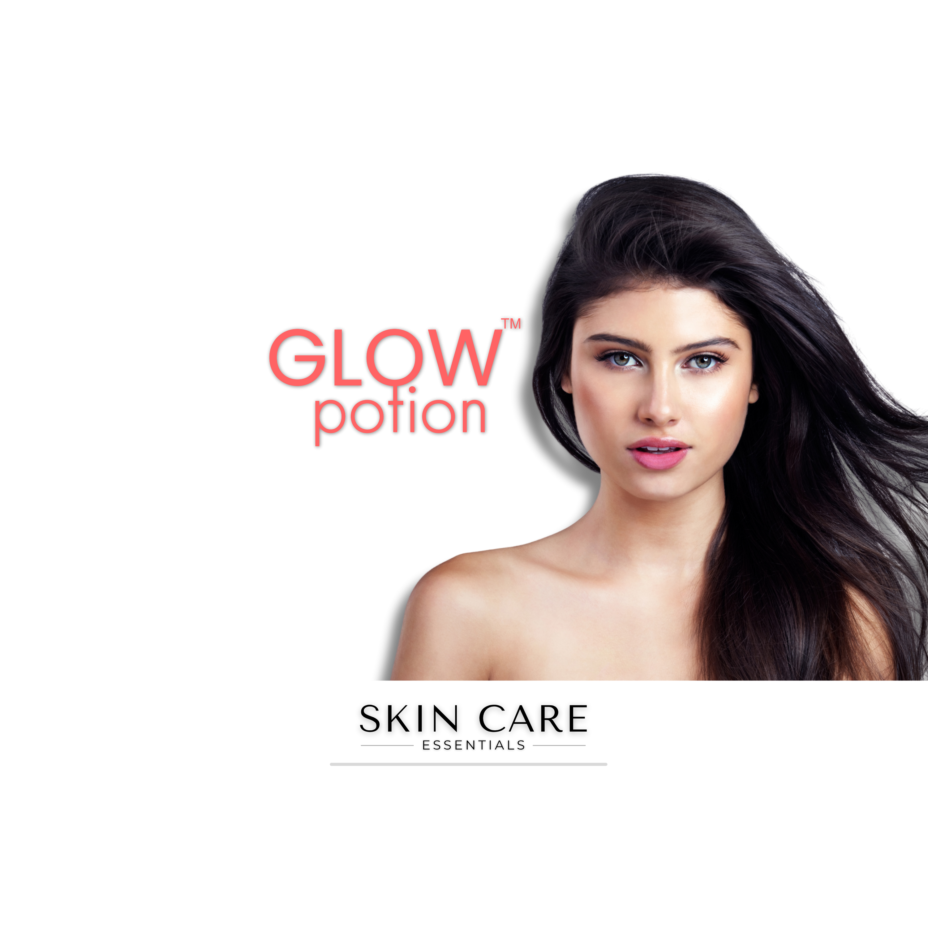 Website home page hero image for GlowPotion skin care natural cosmetics with a woman's facial and mid shot on white background.