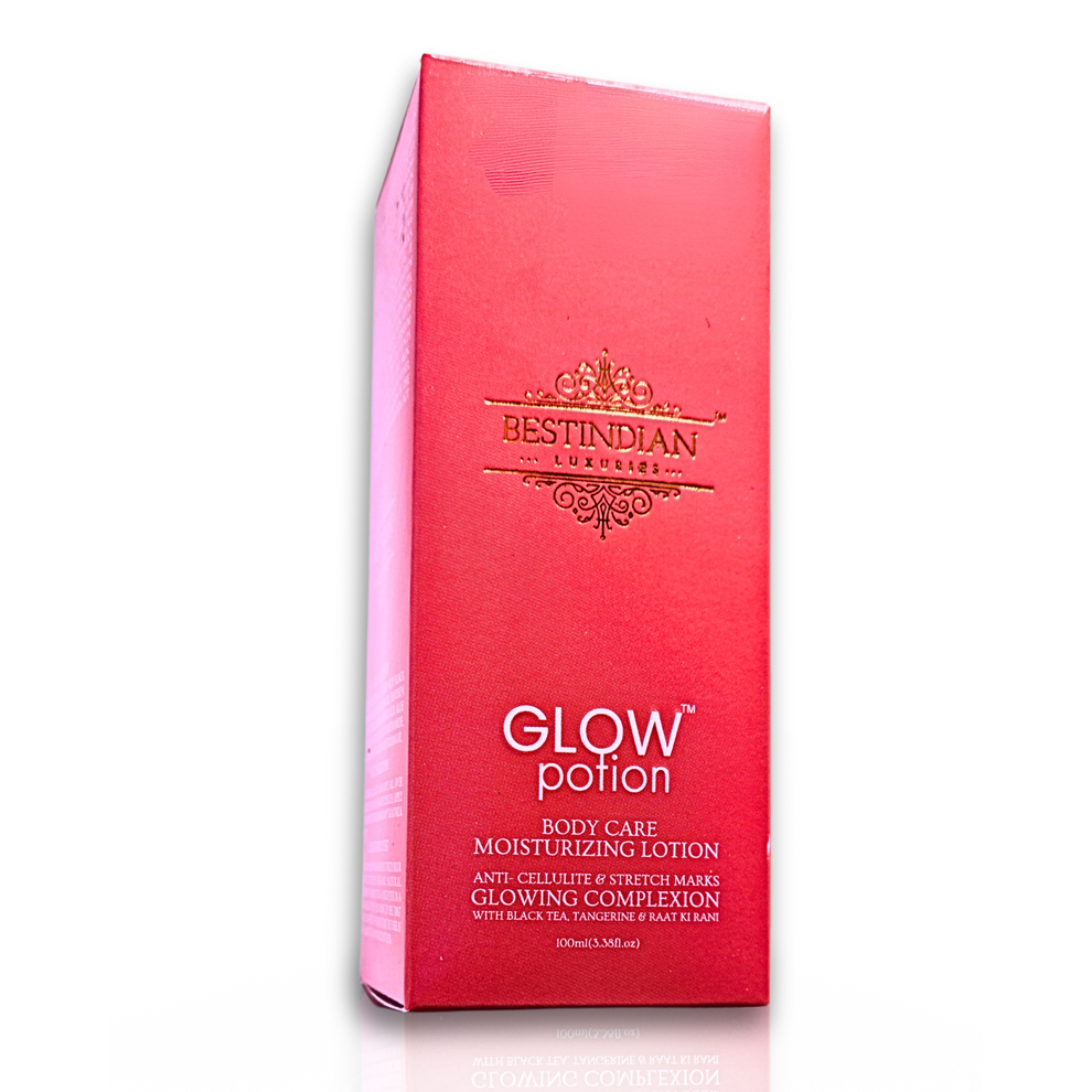Glow Potion Bdy Lotion- BestIndian™ Conscious Archive Sale Item. GlowPotion™ Body Lotion by BestIndian™, luxury ayurvedic moisturizer packaging, formulated for glowing complexion, anti-cellulite, stretch marks care, and enriched with black tea, tangerine, and raat ki rani.