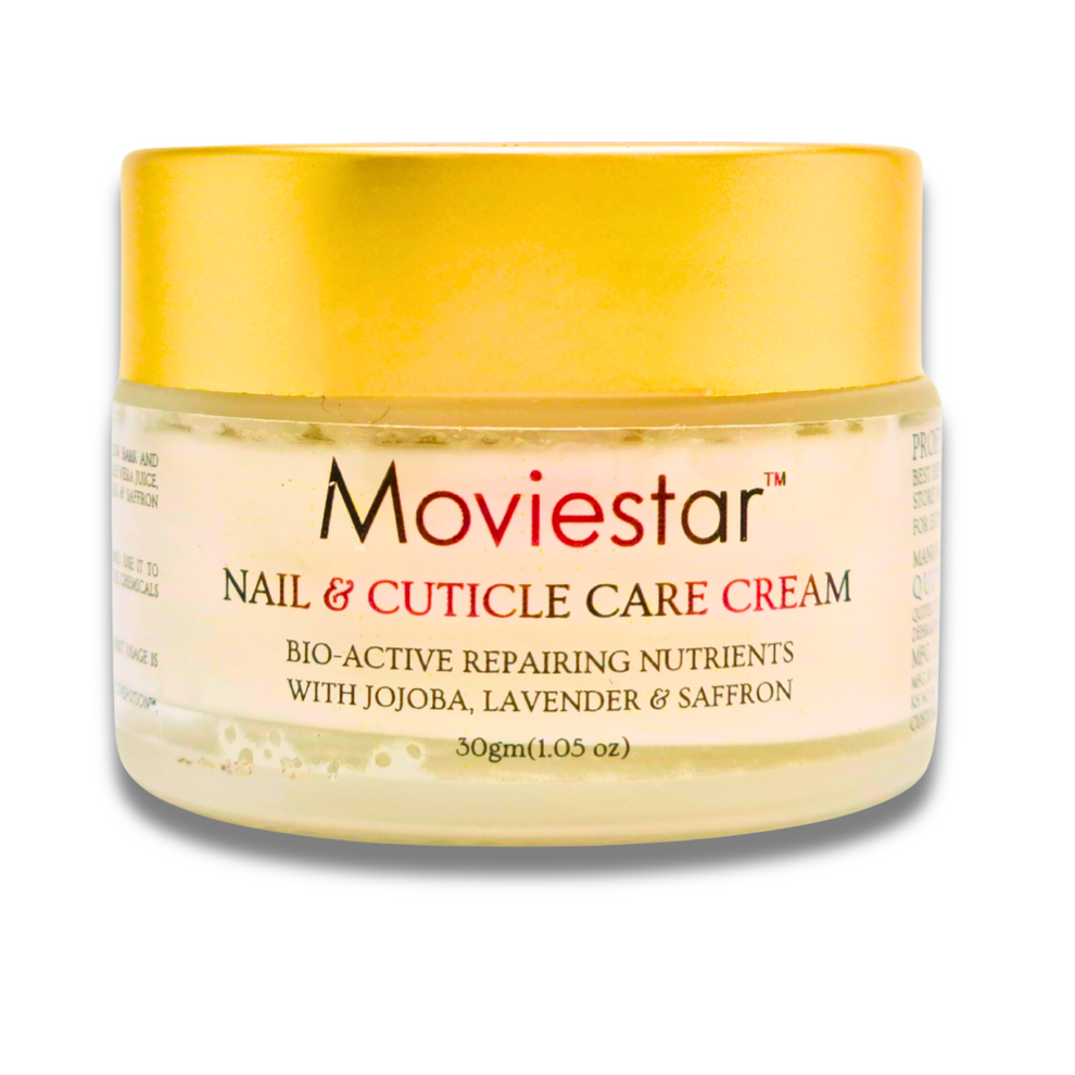 Moviestar Nail and cuticle cream BestIndian™ Conscious Archive Sale Item. A close-up of the Moviestar™ Nail & Cuticle Care Cream jar by BestIndian, a bioactive cuticle repair and nail strengthening cream enriched with jojoba oil, lavender, and saffron for healthy, camera-ready nails.