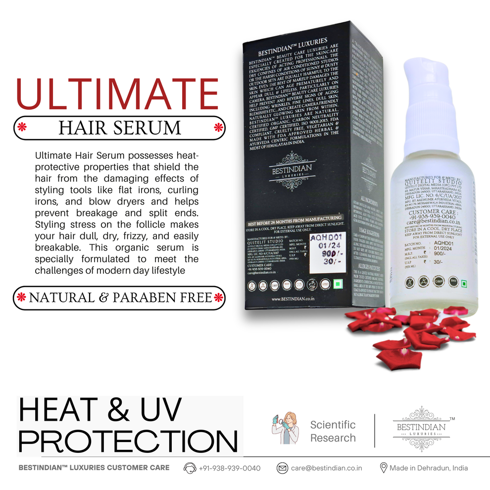 Infographic about the ultimate natural and paraben-free properties of the Best Indian hair serum.