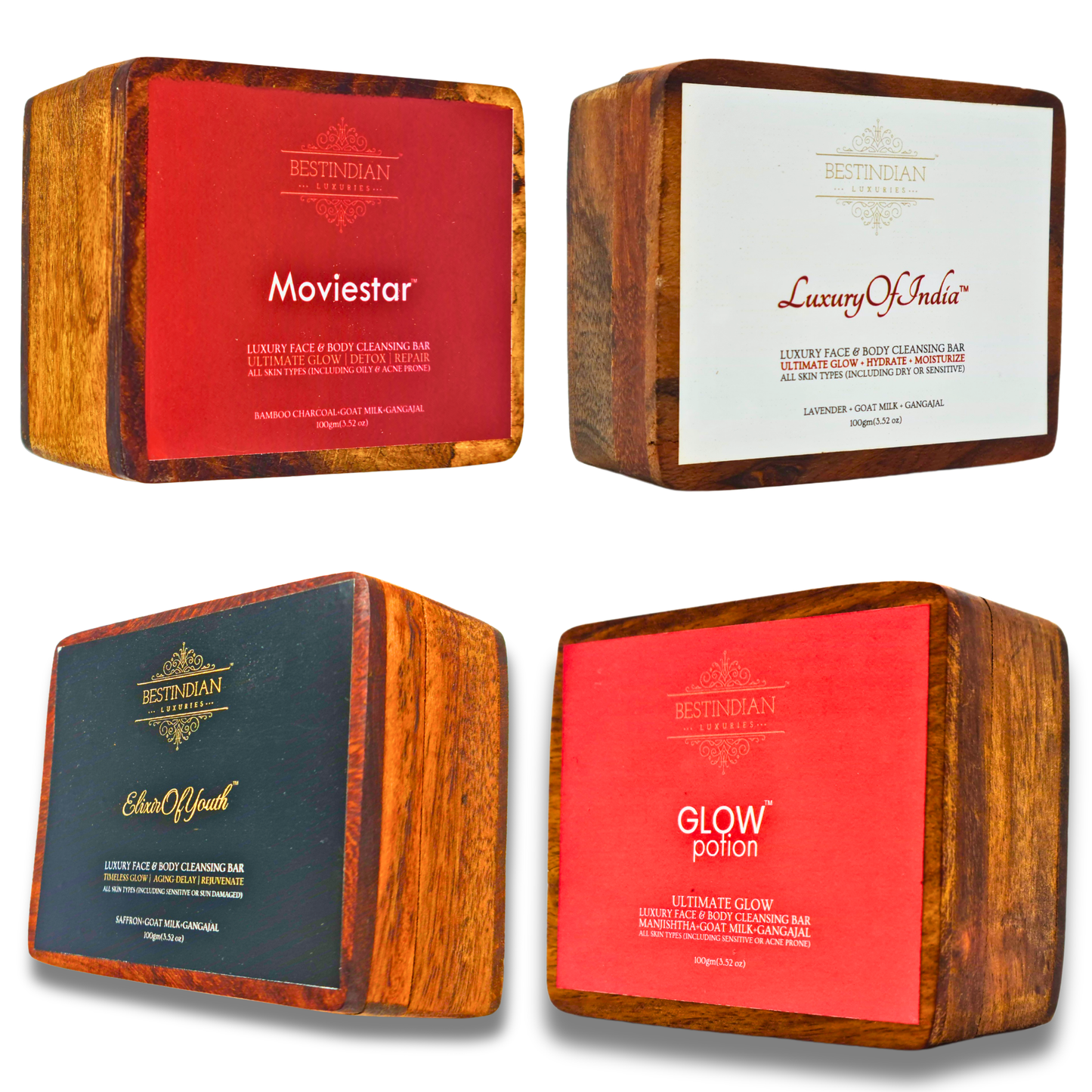 Four BestIndian natural & organic face and body cleansing bars arranged in a 2x2 grid on a white background. The products are shown in their wooden boxes with labels: Moviestar, Glow Potion, Luxury Of India, and Elixir of Youth.