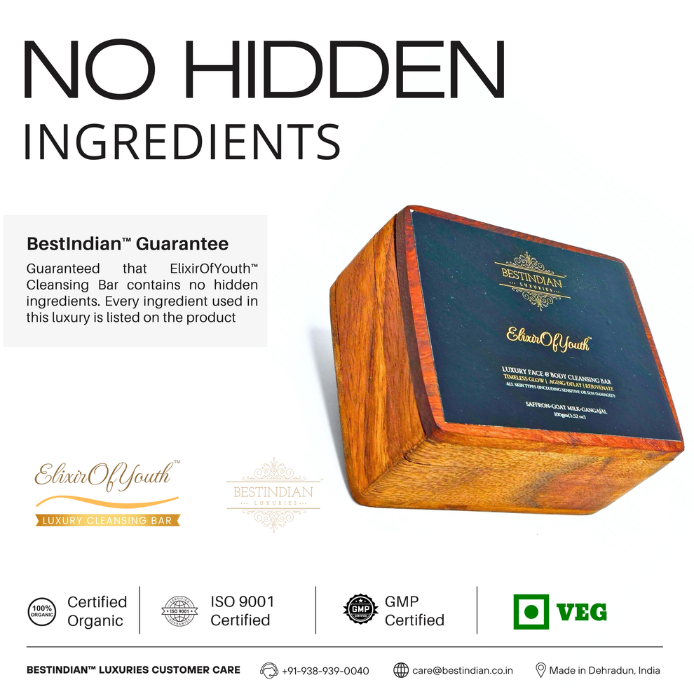 Infographic about the 'no hidden ingredients' USP of Elixir Of Youth™ certified organic soap.