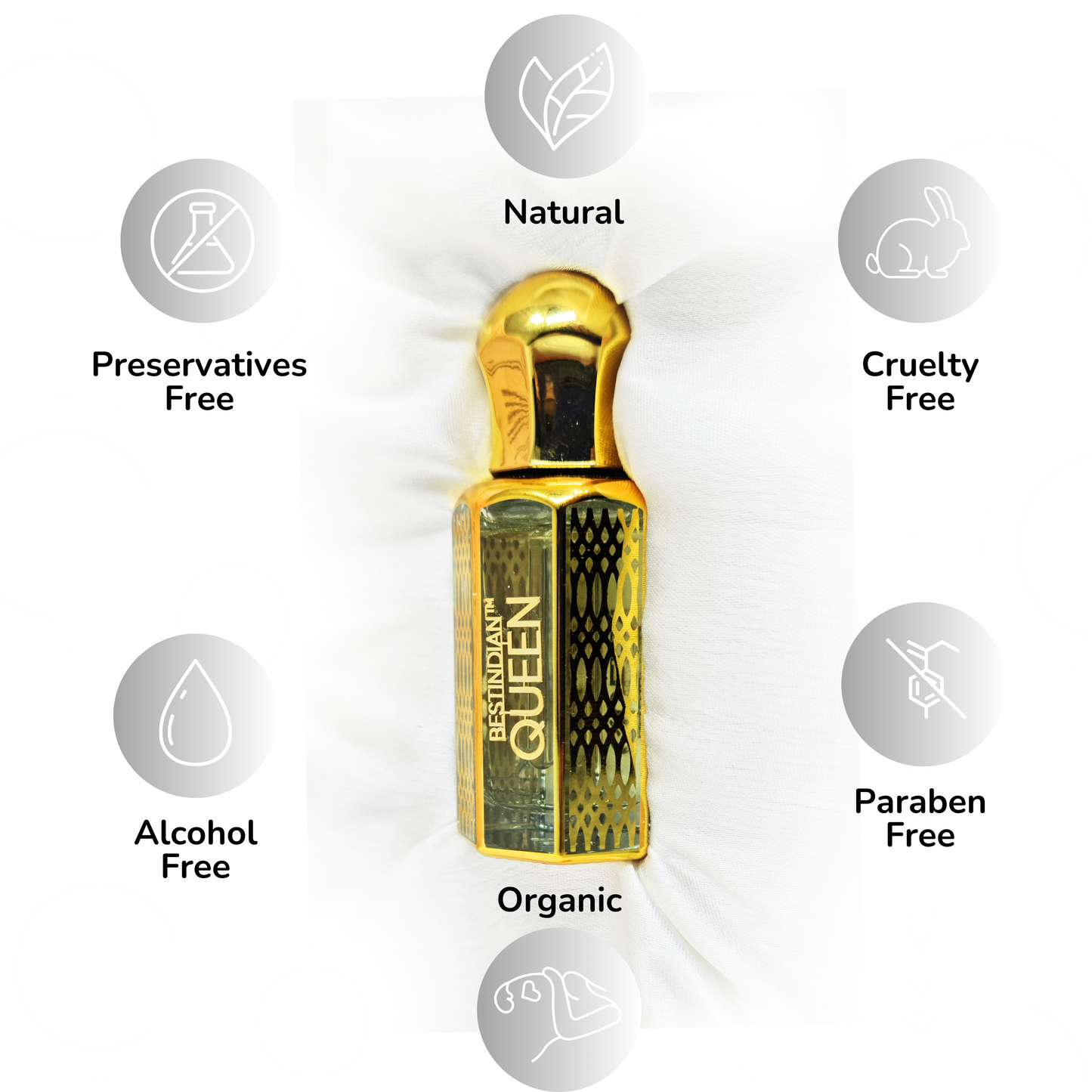 Intricate glass vial of BestIndian™ Queen, an Oud, Rose & Sandalwood Perfume Oil for women. 100% natural, alcohol-free, Paraben-free, Organic, Cruelty-free, Preservatives-free
