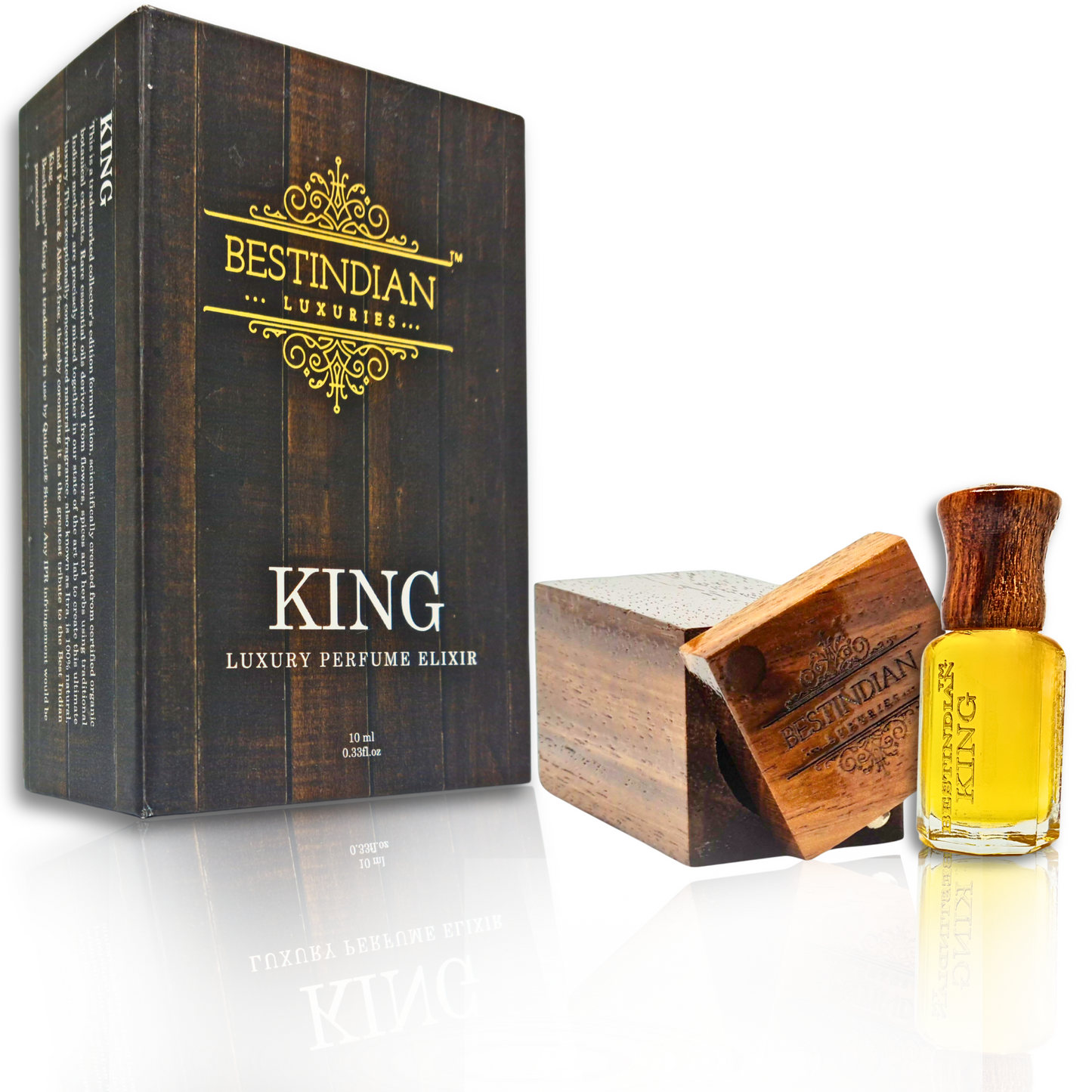 Front and side profile of wooden themed outer packaging of Best Indian Perfume called King featuring scent of rain. Also seen are the perfume bottle and its wooden case, with engraving of the Best Indian Luxuries logo on the top of the case.