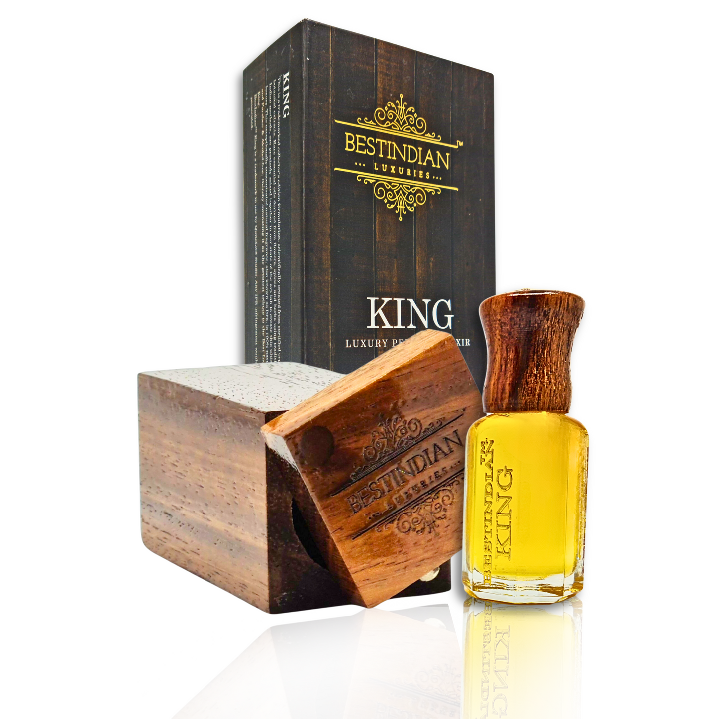 Complete luxury packaging set for BestIndian™ King Petrichor Perfume Elixir for men.