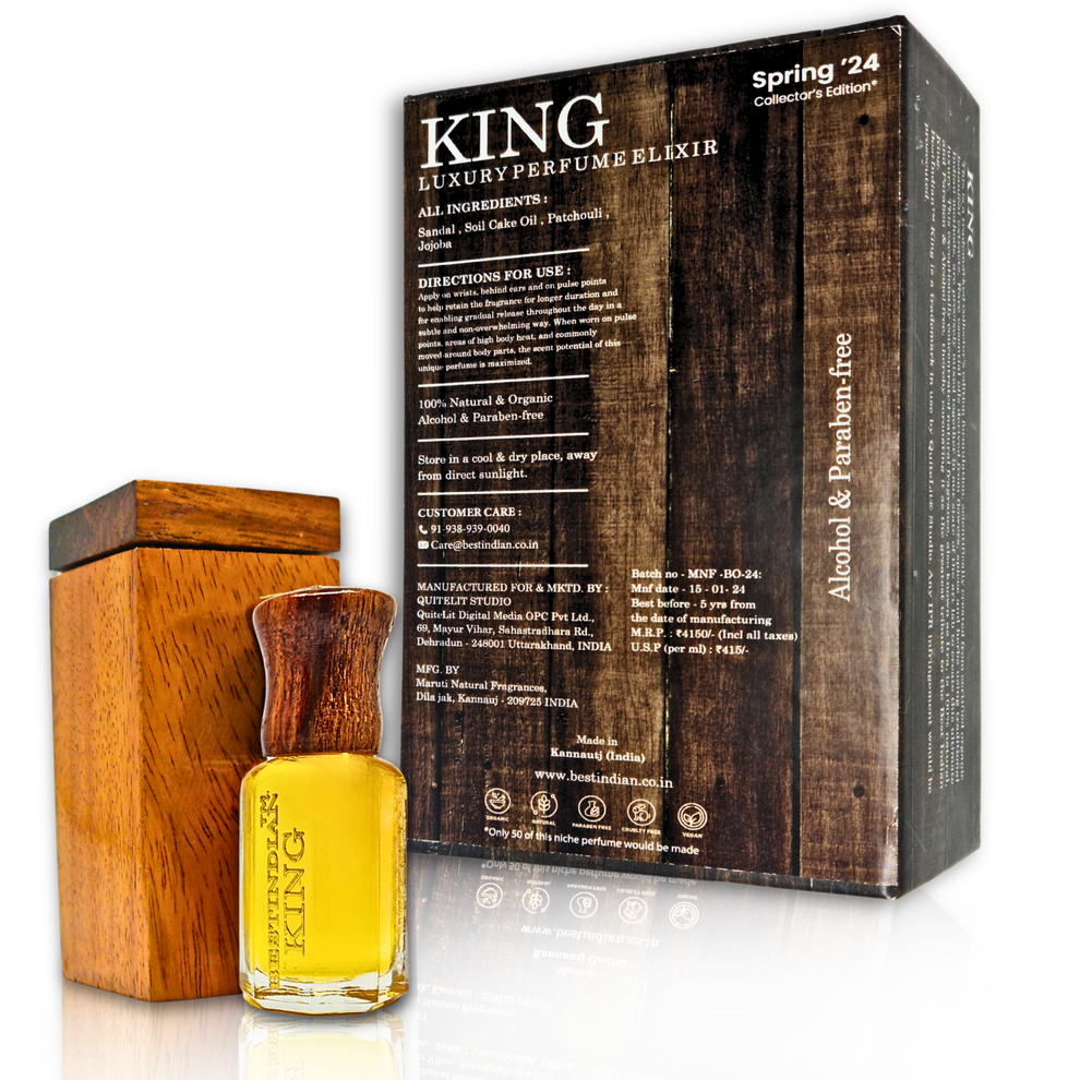 Outer packaging's reverse side of Alcohol & paraben-free collector's edition Petrichor fragrance King Luxury Perfume Elixir by BestIndian Perfumes, from the Spring '24 batch. Also seen are the yellow coloured glass bottle of the perfume and its wooden case.