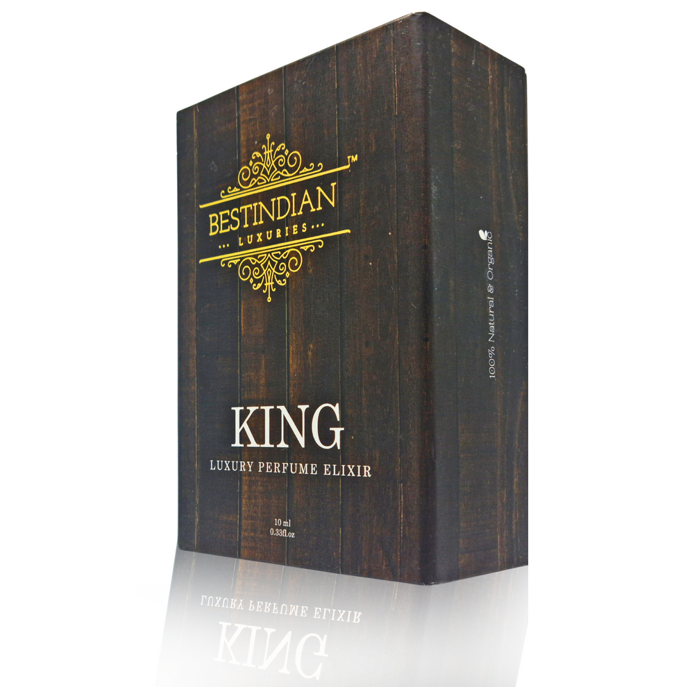 Dark brown wooden themed box of King Luxury Perfume Elixir by BestIndian™ – authentic geeli mitti perfume that invokes the scent of wet earth. A 100% natural, alcohol-free petrichor attar which smells like rain.
