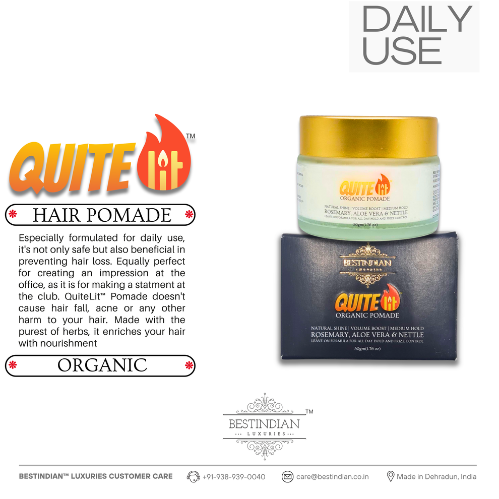 A promotional image for QuiteLit Hair Pomade with a jar and its packaging, highlighting its suitability for daily use. The text emphasizes its safety, nourishment with organic herbs, and effectiveness for professional styling without causing hair fall or damage.