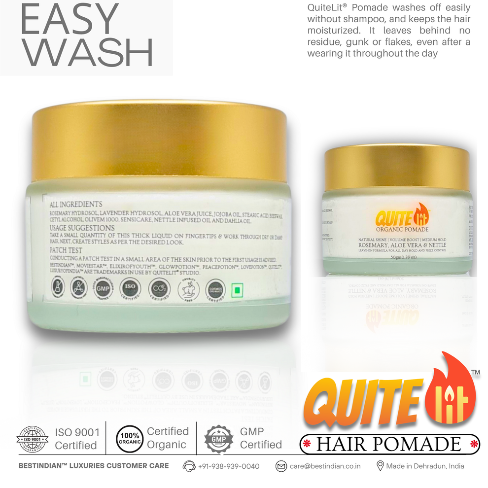 QuiteLit® Hair Pomade (two jars graphic) offering easy wash-off without residue. Natural formula with organic herbs for all-day hold.