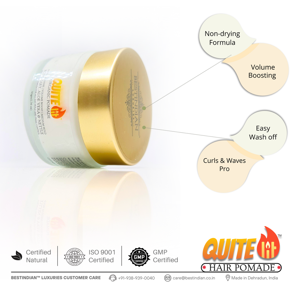 Infographic for QuiteLit® Hair Pomade featuring its non-drying, volume-boosting formula with organic ingredients; ideal for curls & waves. ISO & GMP principles.