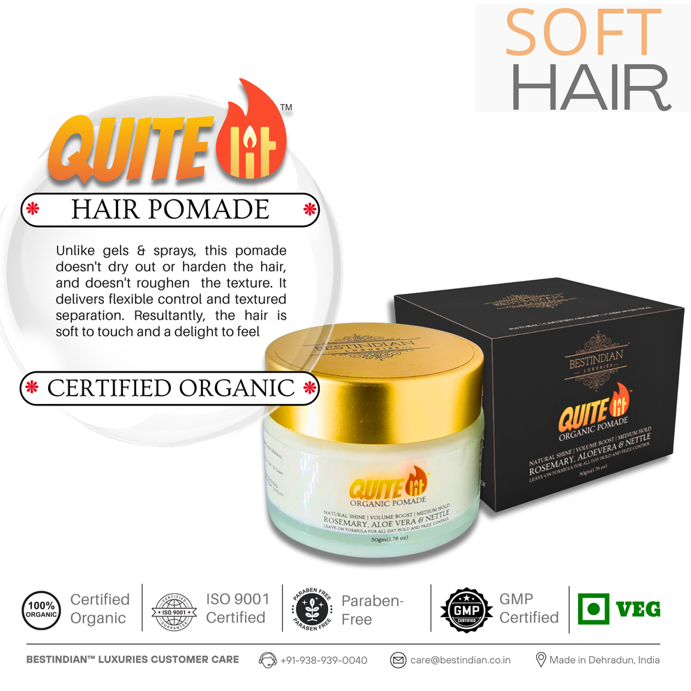 QuiteLit® Hair Pomade (jar & packaging) ensures soft, flexible hair unlike drying gels; features certified organic ingredients.
