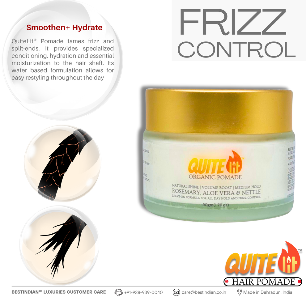 A QuiteLit Hair Pomade graphic with a jar, focusing on frizz control and hydration. The text notes its water-based formula tames split ends, provides moisture, and allows easy restyling, featuring organic rosemary, aloe vera, and nettle for all-day hold.