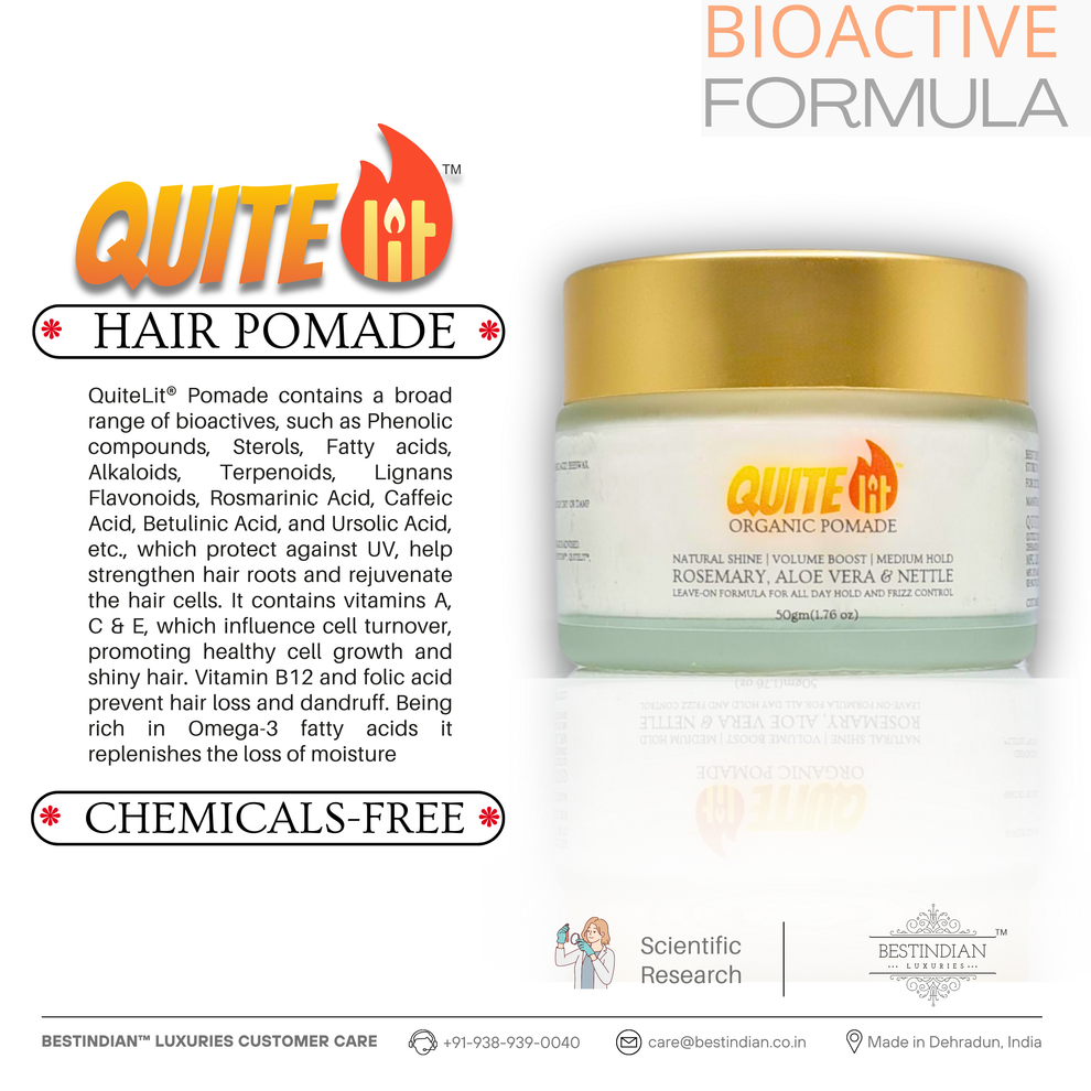 Product jar with text outlining its bioactive-rich content including vitamins, fatty acids, and phenolic compounds for hair rejuvenation and scalp health.