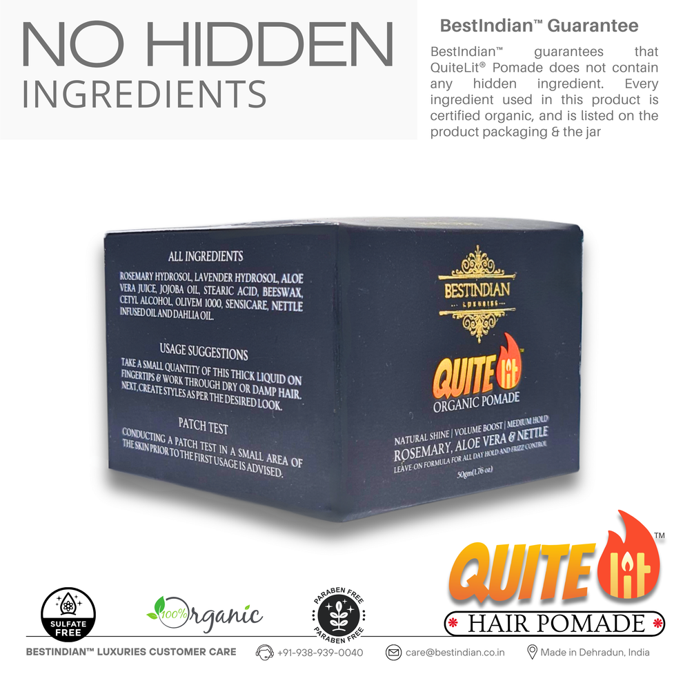 Product box listing full organic ingredients of QuiteLit® Pomade, including rosemary, aloe vera, and nettle; features sulfate-free and paraben-free certifications.