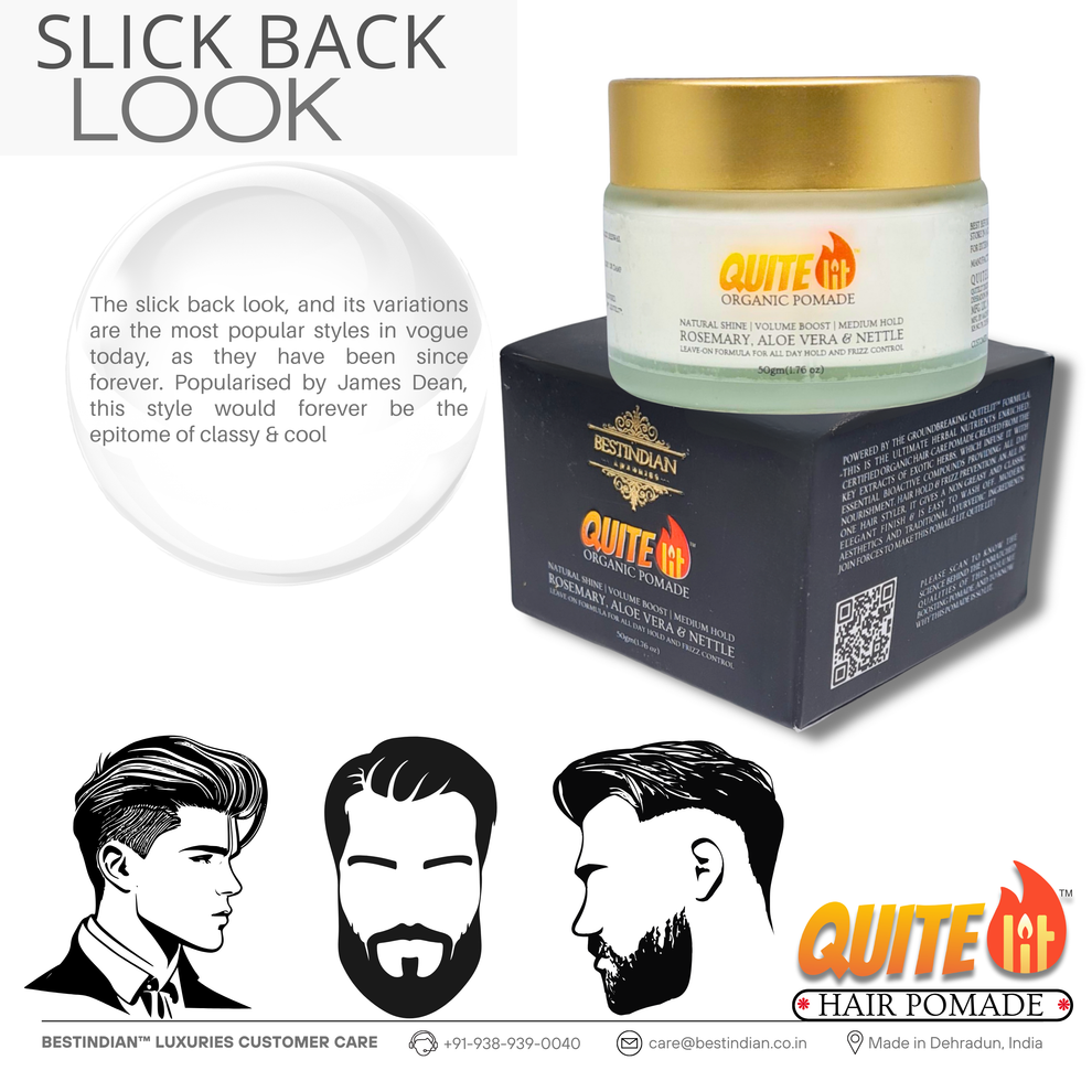 QuiteLit® Hair Pomade showcased with styling illustrations, describing its effectiveness in achieving a slick back or vintage-inspired hairstyle.