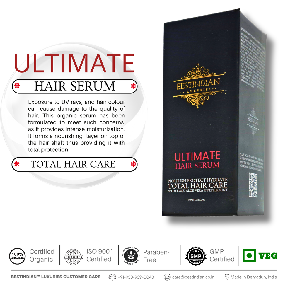 Infographic about the total hair care provided by the Ultimate hair care serum by Best Indian.