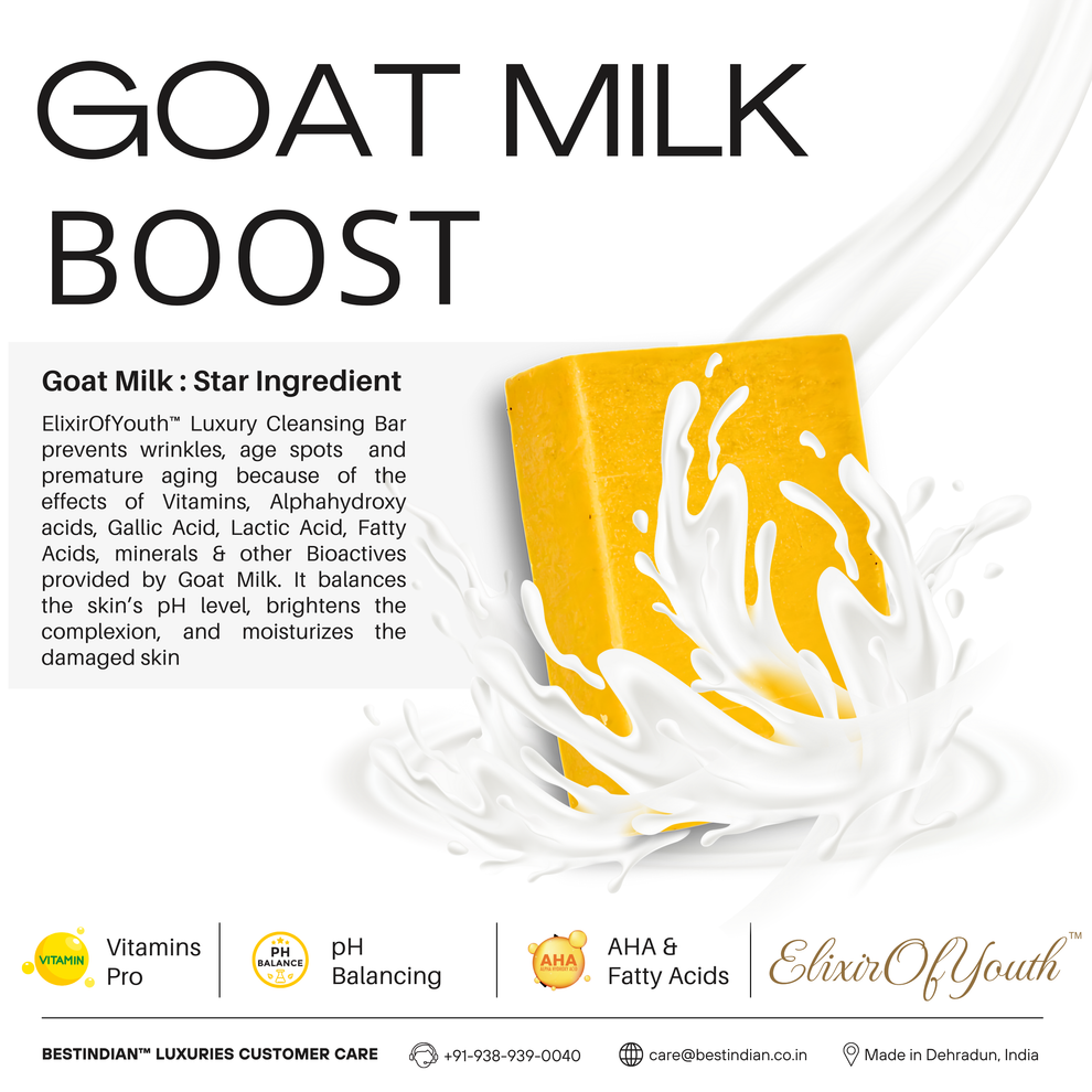 The best goat milk soap- Elixir Of Youth cleansing bar seen surrounded by organic goat milk and text explaining the properties of this ingredient.