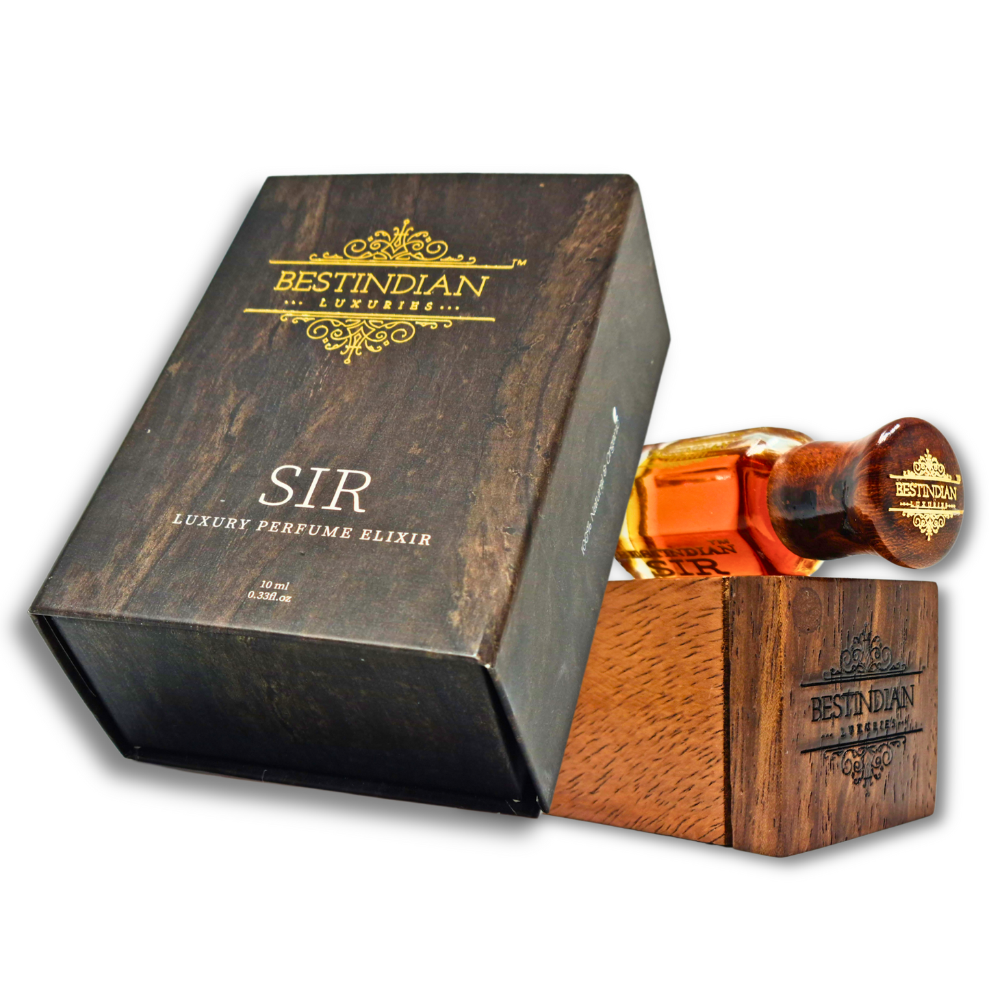 Complete packaging set for BestIndian™ Sir: perfume elixir vial with the logo of Best Indian Perfumes on its wooden cap , inner wooden case with BestIndian logo engraved on lid, and outer wooden-themed box.