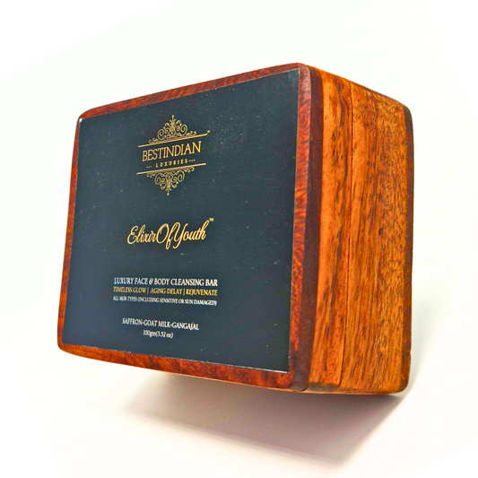 Premium wooden gift box of the best Indian Ayurvedic soap-
Elixir Of Youth™ Anti-Aging Goat Milk Soap.