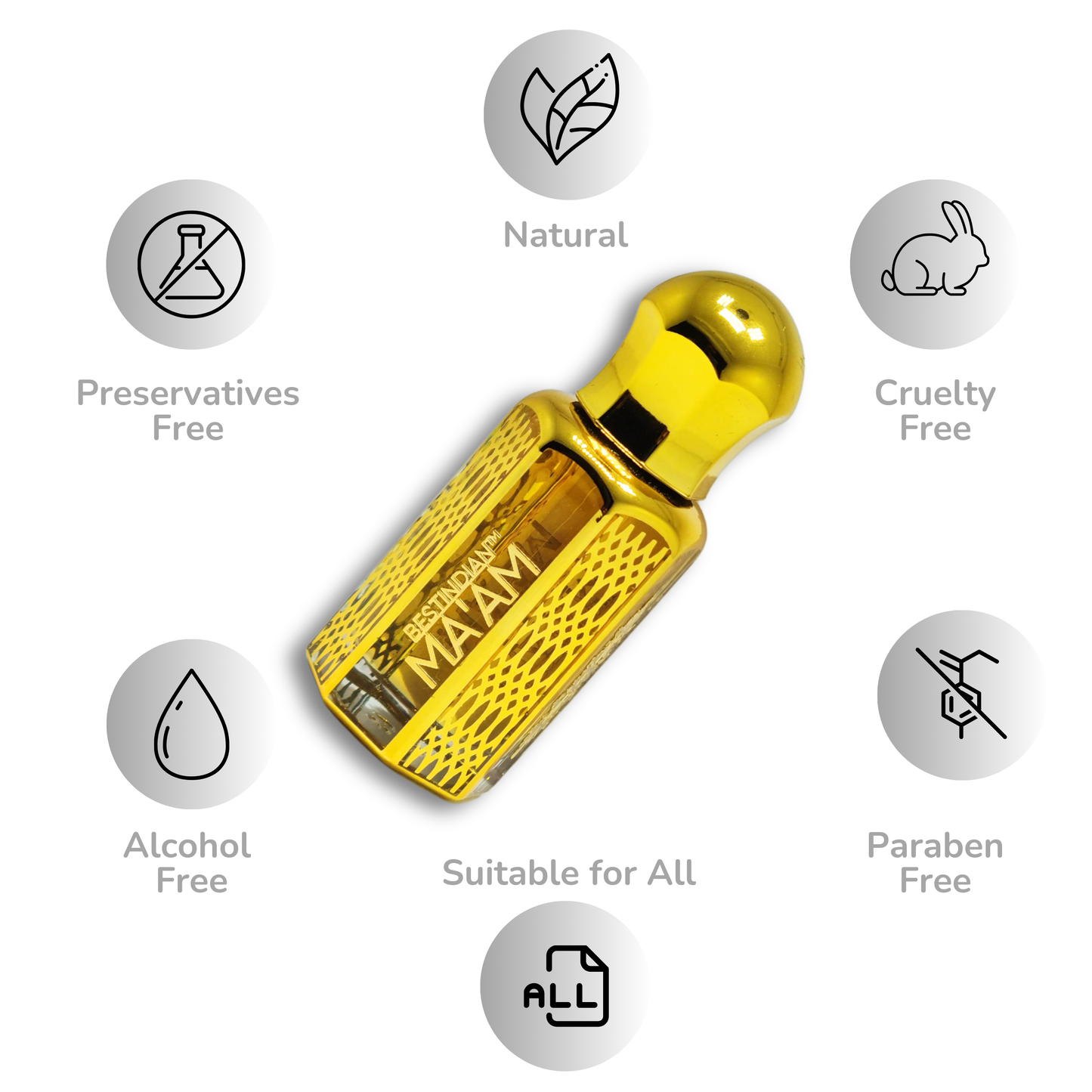 BestIndian™ Ma'am golden bottle displayed in center with benefits icons surrounding it, highlighting this sandalwood attar for women as natural, preservatives-free, alcohol-free, paraben-free, cruelty-free perfume oil suitable for all with woody spicy attar formulation.