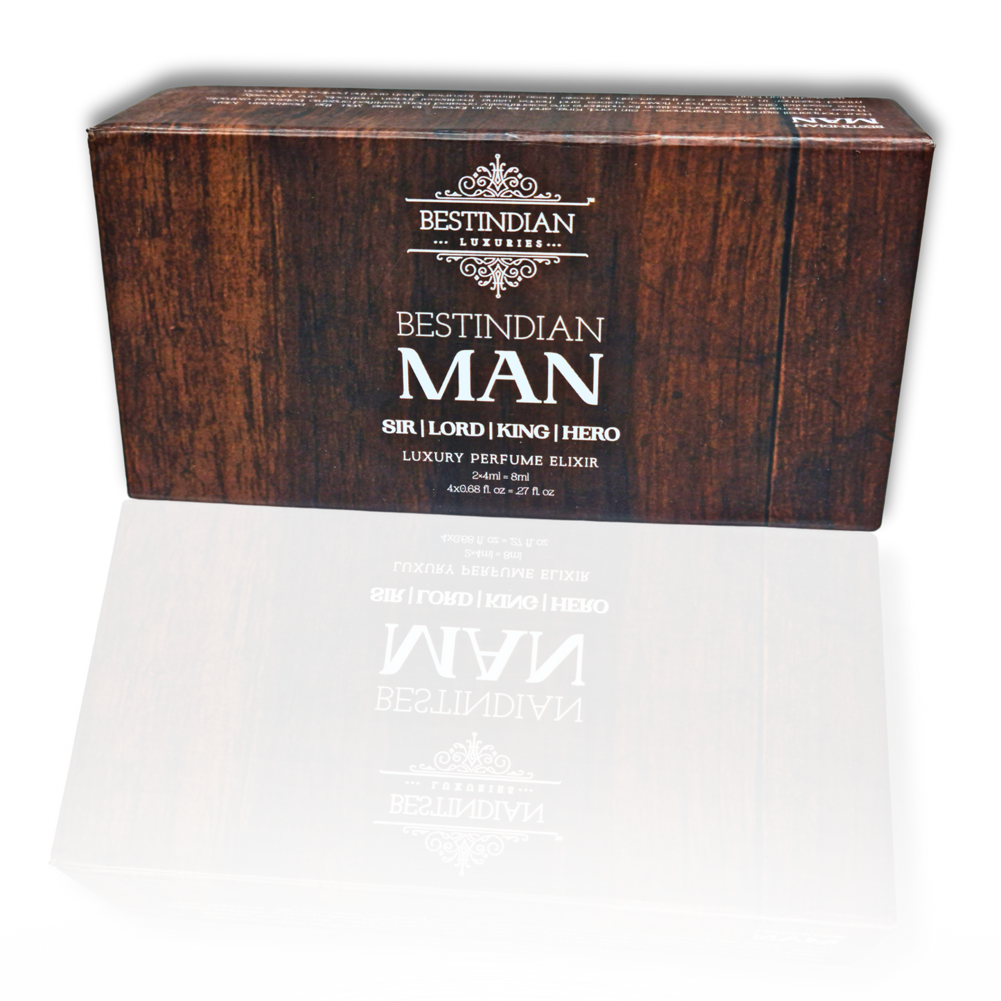 Dark wood-style cardboard box for the BestIndian™ Man Perfume Elixir discovery set.