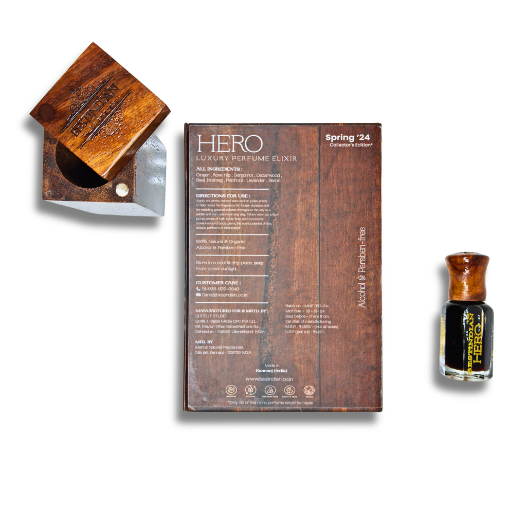 Best Indian natural perfume attar: Hero Perfume Elixir bottle with wooden cap, shown with its handcrafted wooden case and reverse side of outer packaging. Alcohol-free scent of best attar for men.