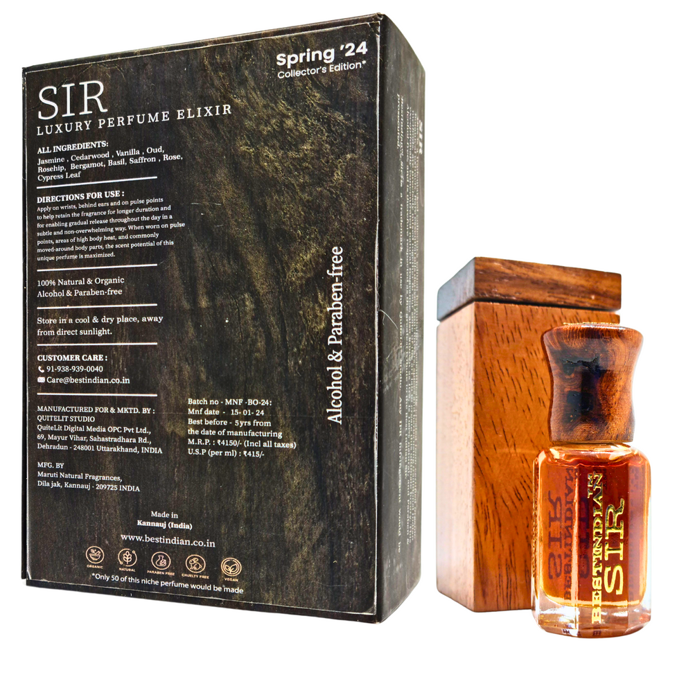 Best indian mens perfume: Sir Luxury Perfume Oil Elixir vial with wooden cap, shown with its handcrafted wooden case and reverse side of outer box.