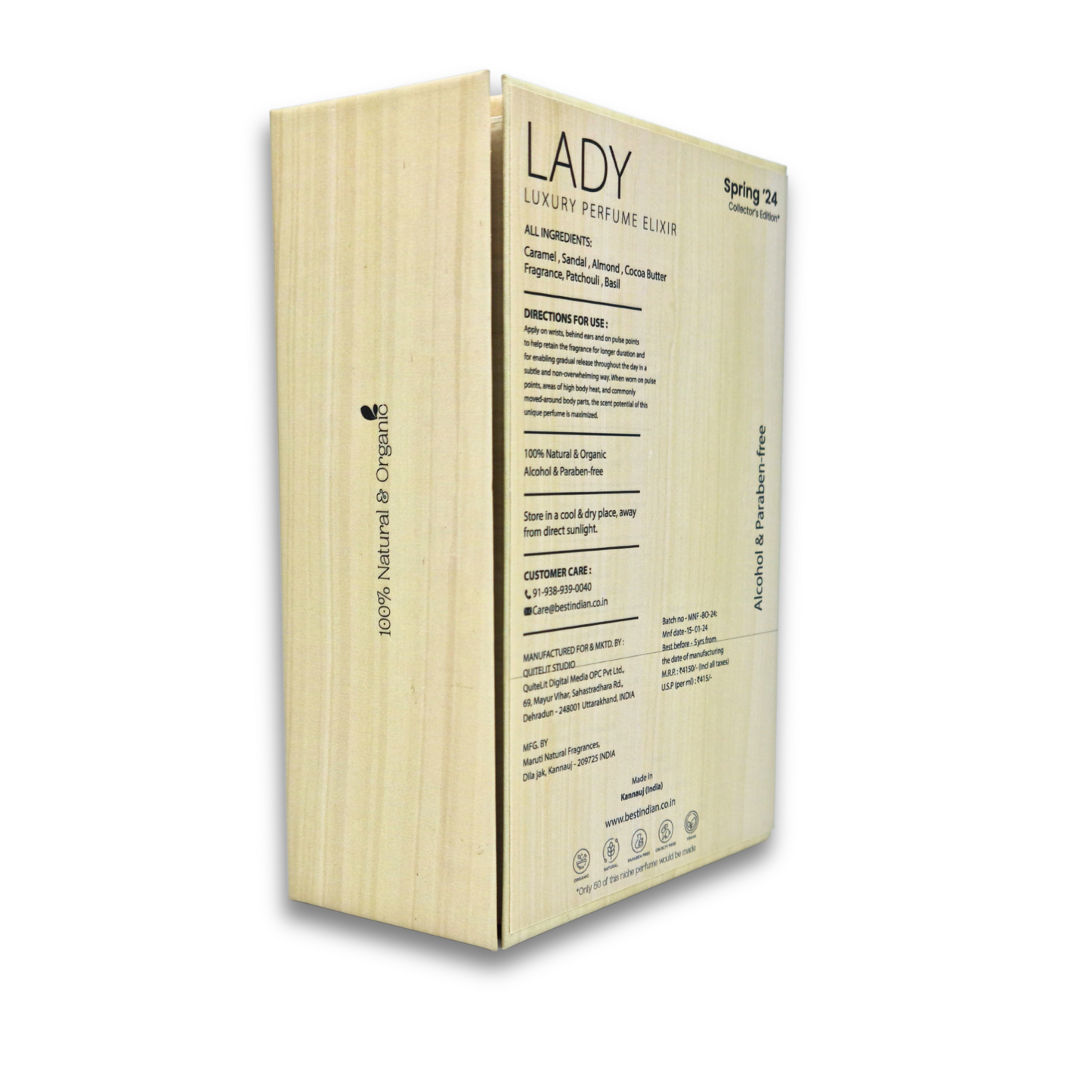 BestIndian™ Lady alcohol-free perfume roll on fragrance in its light wooden-themed luxury cardboard packaging. 100% Natural & Organic.