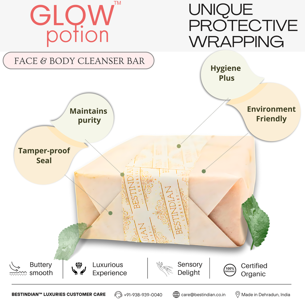 The unique, hygienic, and environment-friendly protective wrapping for the certified organic Best Indian soap for men- Glow Potion, ensuring purity with a tamper-proof seal.