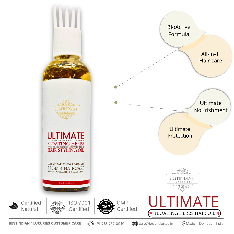 Elegant bottle of Best Indian hair oil with its benefits listed in bubbles. Bioactive formula, All-in-1 hair care, Ultimate Nourishment and Ultimate protection are the USP of Ultimate Hair Growth & Styling Oil.