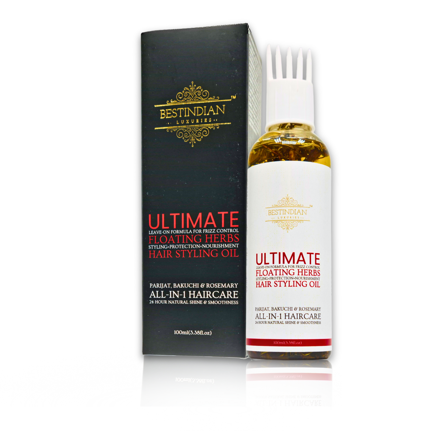Main product image of best Indian hair oil bottle with the luxurious black outer packaging box, featuring red product lettering and golden BestIndian™ logo. BestIndian™ Ultimate Hair Growth & Styling Oil.