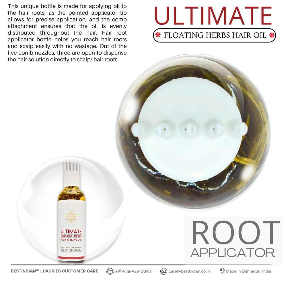Explaining the benefits of the hair root applicator with BestIndian™ Ultimate Hair Growth & Styling Oil for targeted scalp treatment provided by the best Indian hair oil.