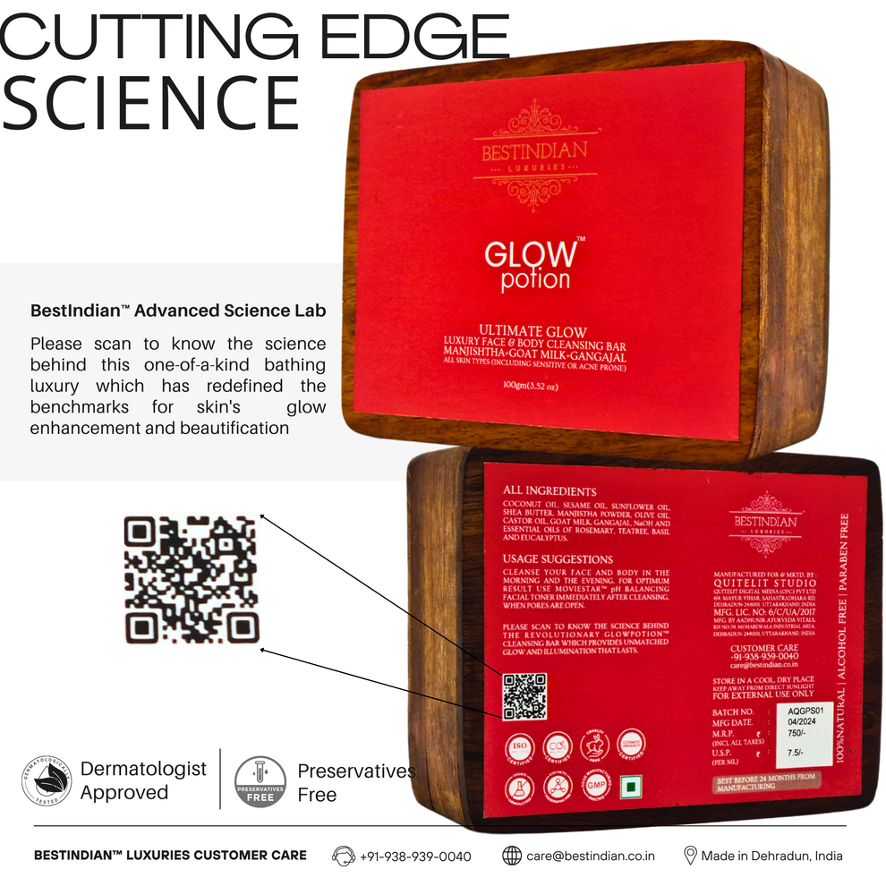 Showcasing the cutting-edge science behind the best natural face cleanser- Glow Potion soap, with a QR code to learn more about its skin glow enhancement technology.