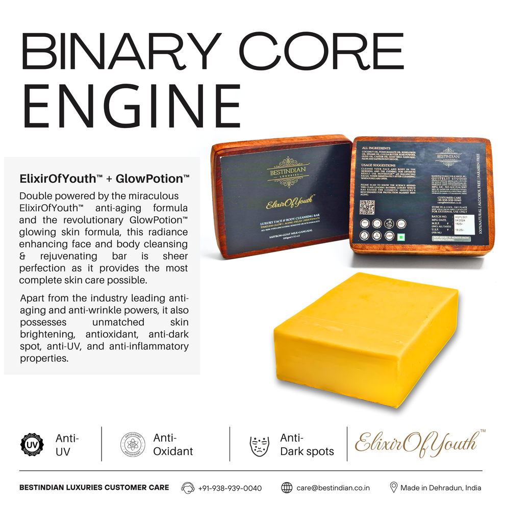 Close-up texture of the best tan removal soap- Elixir Of Youth goat milk cleansing bar for face and body, along with text describing its anti-UV and skin brightening properties.