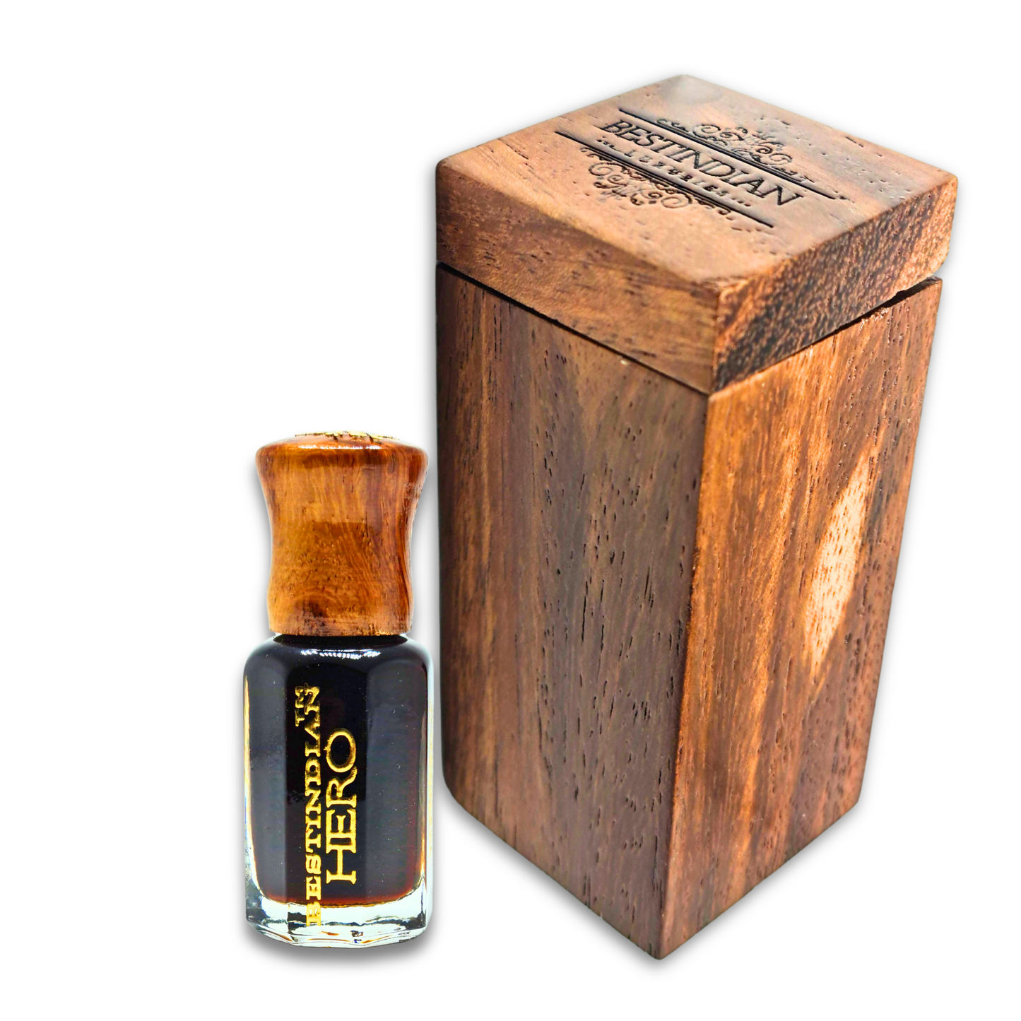 Luxury men's fragrance BestIndian™ Hero Elixir vial (wooden cap) alongside its handcrafted wooden case with BestIndian™ logo engraved on the rotating lid. The best attar.