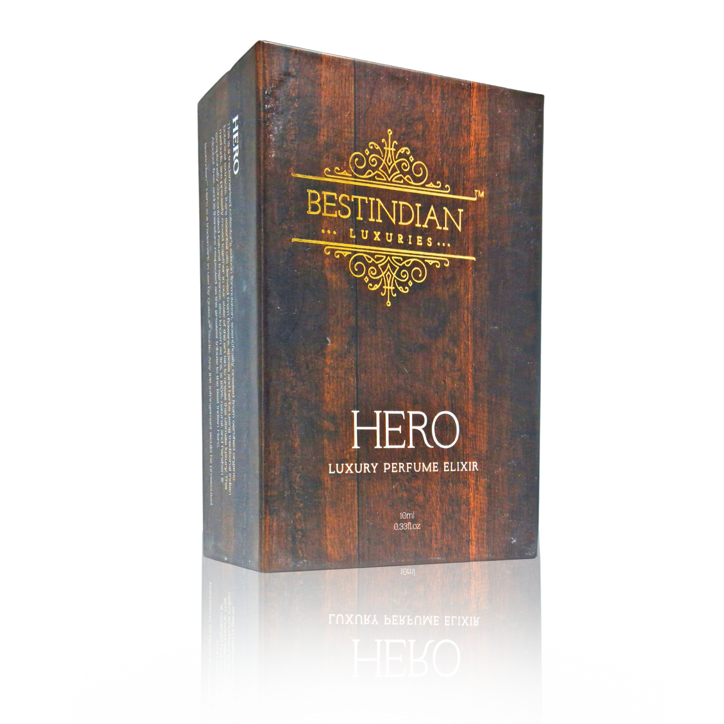 Luxury outer packaging with wood theme for Best Indian Perfume Hero Luxury Elixir for men: Natural Perfume and alcohol free scent by BestIndian™.