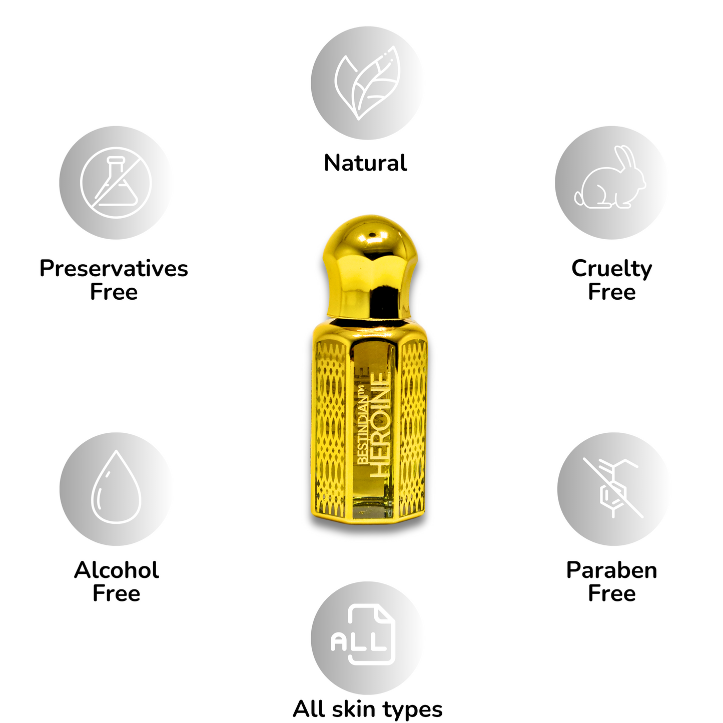 BestIndian™ Heroine Perfume Elixir roll-on vial on plain white background with benefits: All skin types, Natural Perfume, Alcohol-free Perfume, Paraben-free