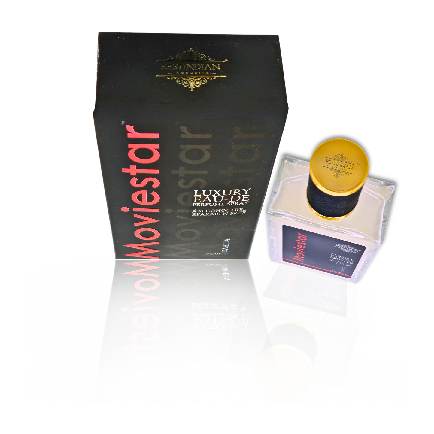 Top view: BestIndian™ logo on the cap of Moviestar™ Dahlia EDP bottle and on its black packaging box.