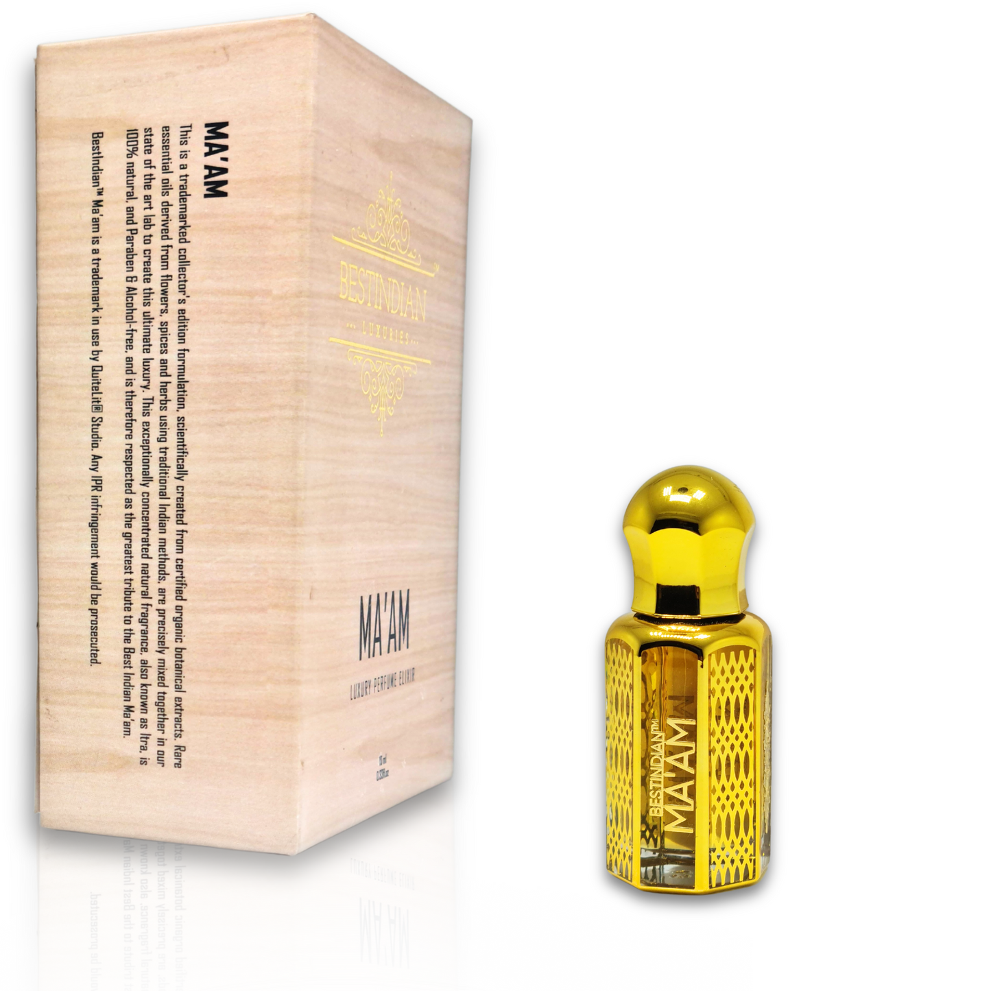 100% Natural Fragrance for women- Ma'am Perfume Elixir ornate golden vial shown next to its wooden-themed box. Best Indian Perfumes.