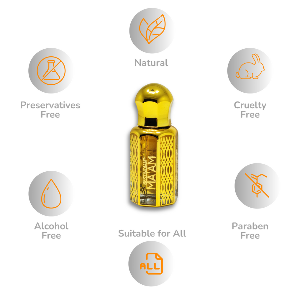 BestIndian™ Ma'am golden bottle displayed in center with benefits icons surrounding it, highlighting this sandalwood attar for women as natural, preservatives-free, alcohol-free, paraben-free, cruelty-free perfume oil suitable for all with woody spicy attar formulation.